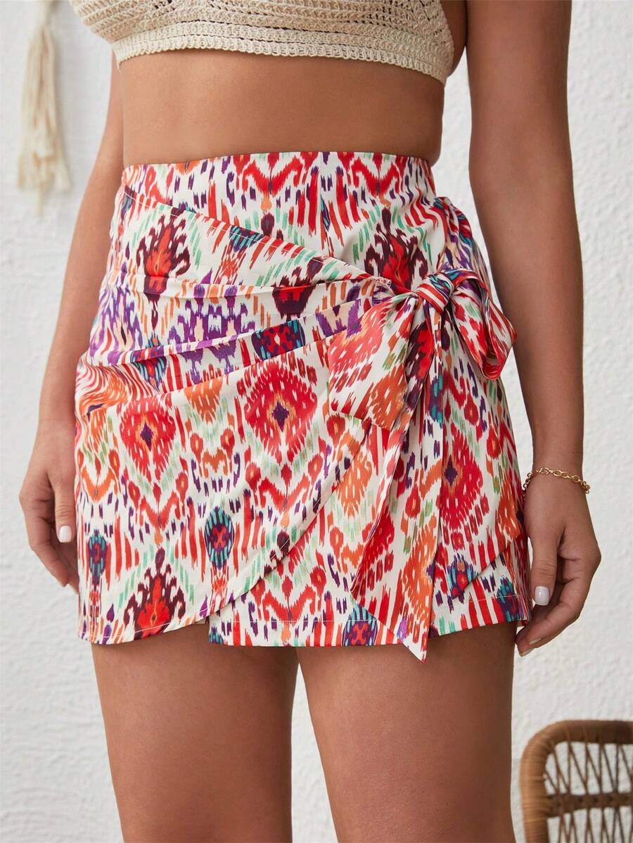 SHEIN VCAY Plus Allover Print Knot Side Skort - Red - View 1
