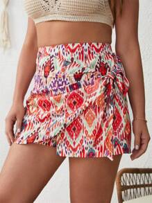 SHEIN VCAY Plus Allover Print Knot Side Skort - Red - View 4