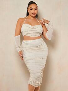 SHEIN BAE Talla grande con cuenta con perla fruncido Top halter & Falda de lápiz - Beis - Ver 1
