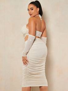 SHEIN BAE Talla grande con cuenta con perla fruncido Top halter & Falda de lápiz - Beis - Ver 2