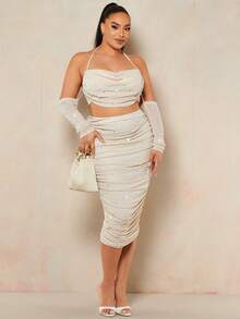 SHEIN BAE Talla grande con cuenta con perla fruncido Top halter & Falda de lápiz - Beis - Ver 3