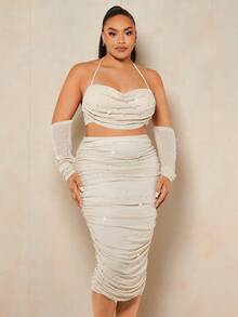 SHEIN BAE Talla grande con cuenta con perla fruncido Top halter & Falda de lápiz - Beis - Ver 4