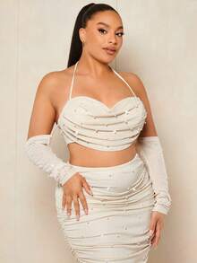 SHEIN BAE Talla grande con cuenta con perla fruncido Top halter & Falda de lápiz - Beis - Ver 5