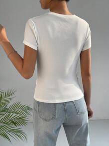 SHEIN Essnce Áo thun nữ Chia Bất đối xứng Gân đan màu trơn Giải trí - trắng - Xem 2