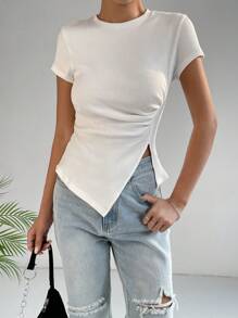 SHEIN Essnce Áo thun nữ Chia Bất đối xứng Gân đan màu trơn Giải trí - trắng - Xem 3