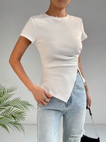 SHEIN Essnce Áo thun nữ Chia Bất đối xứng Gân đan màu trơn Giải trí - trắng - Xem 4