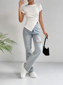 SHEIN Essnce Áo thun nữ Chia Bất đối xứng Gân đan màu trơn Giải trí - trắng - Xem 5