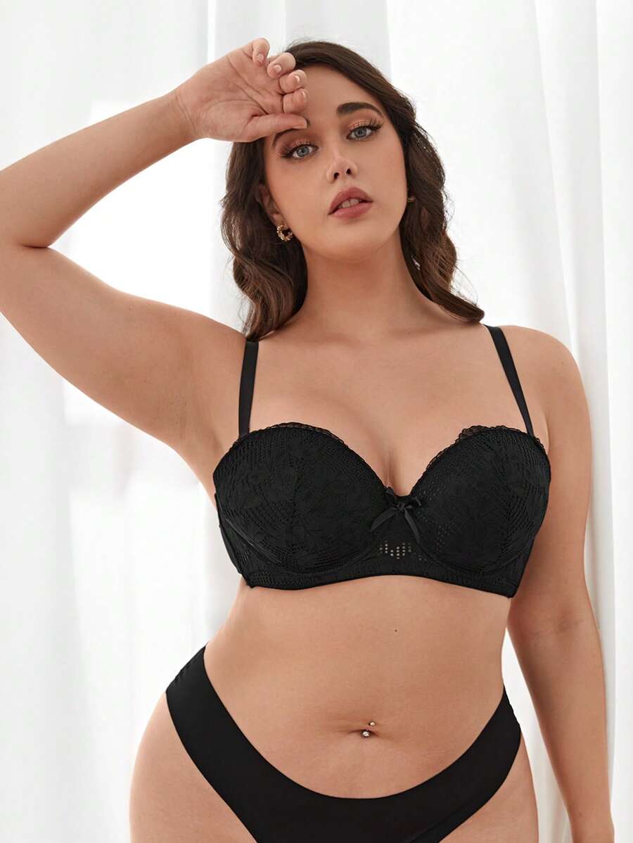 大碼花卉蕾絲鋼圈文胸 - 黑色 - 查看 1