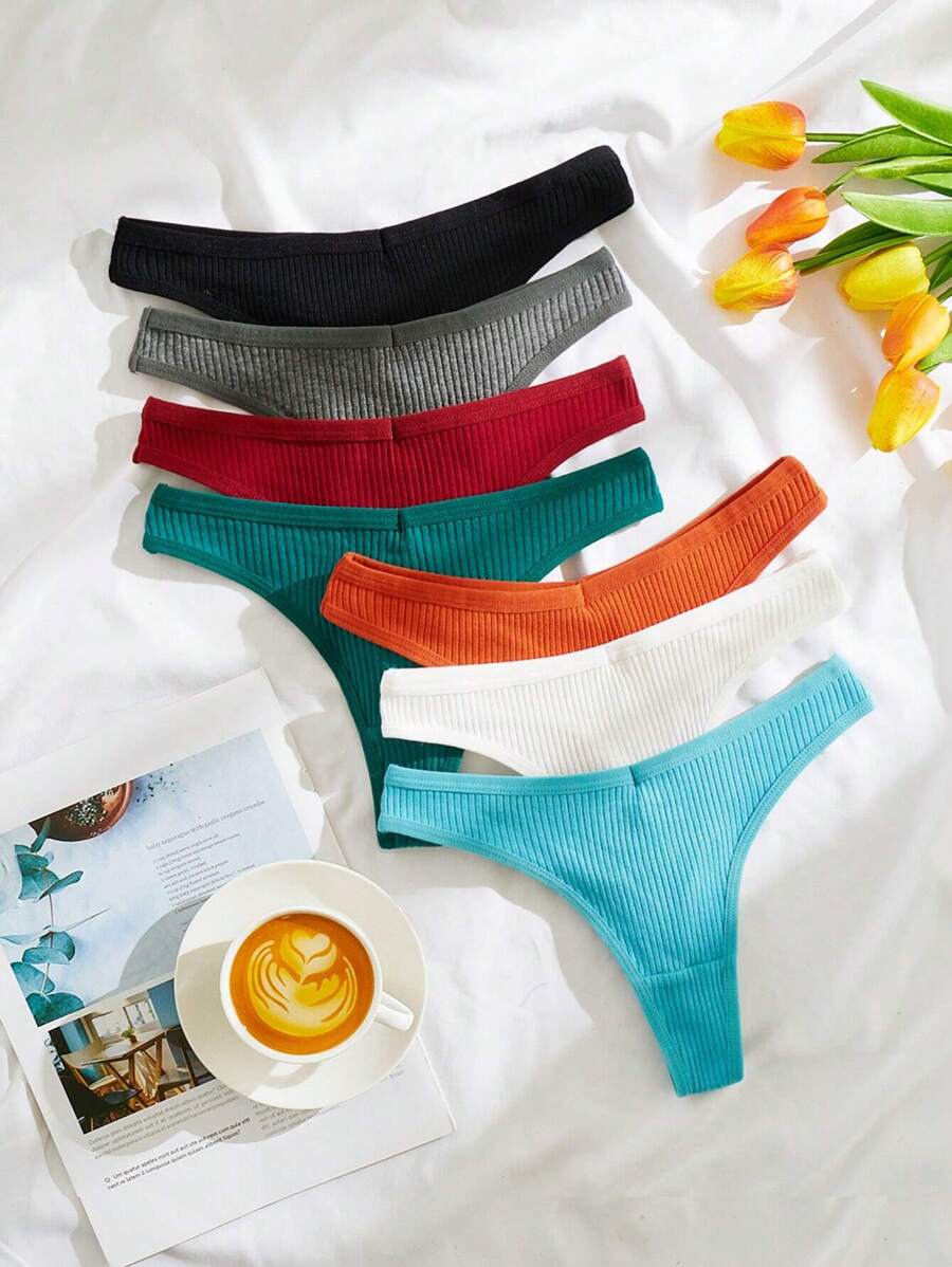 7packs Solid Ribbed Knit Sexy Thongs - Multicolor - View 1