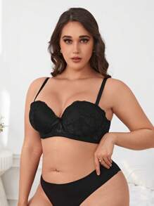 大碼花卉蕾絲鋼圈文胸 - 黑色 - 查看 3