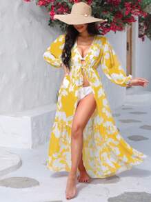 印花前繫帶和服罩衫 - 黃色 - 查看 1