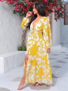 印花前繫帶和服罩衫 - 黃色 - 查看 3