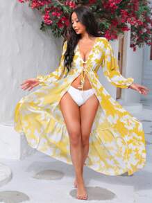 印花前繫帶和服罩衫 - 黃色 - 查看 5