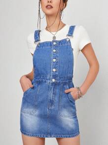 Vestido mezclilla overol con botón delantero sin camiseta - Azul lavado oscuro - Ver 3