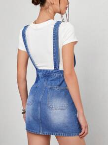 Vestido mezclilla overol con botón delantero sin camiseta - Azul lavado oscuro - Ver 2