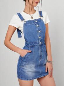 Vestido mezclilla overol con botón delantero sin camiseta - Azul lavado oscuro - Ver 4