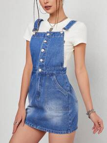 Vestido mezclilla overol con botón delantero sin camiseta - Azul lavado oscuro - Ver 1