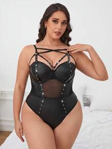 Plus PU Leather Harness Bodysuit - Black - View 3