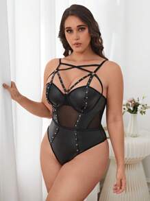 Plus PU Leather Harness Bodysuit - Black - View 4