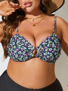 Plus Ditsy Floral Print Ring Linked Bikini Top - Multicolor - View 1
