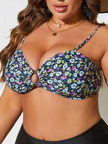 Plus Ditsy Floral Print Ring Linked Bikini Top - Multicolor - View 3