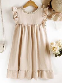 SHEIN Vintaside Kids Vestido De Menina Pré-adolescente Floral Com Bordado E Babado Na Barra E Bolso Adicional