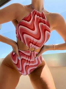 SHEIN Swim 波浪樣式環鏈吊脖連體泳衣 - 彩色 - 查看 1