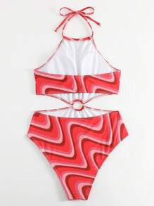 SHEIN Swim 波浪樣式環鏈吊脖連體泳衣 - 彩色 - 查看 2