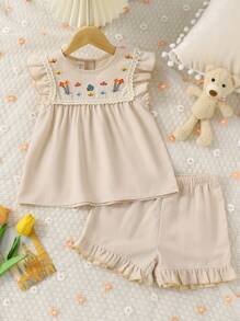 女孩花卉刺繡荷葉邊後鎖孔睡衣套裝 - 卡其色 - 查看 1