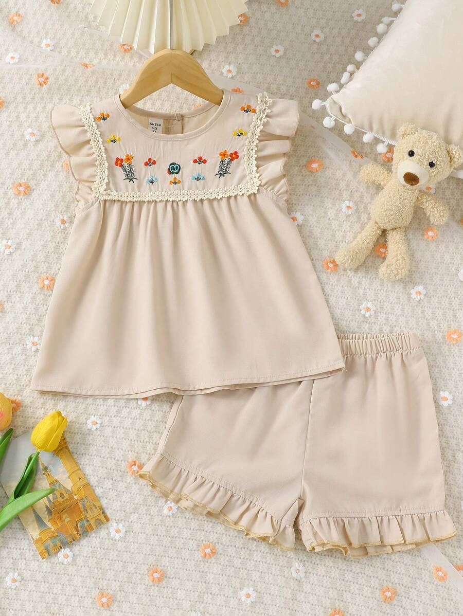 女孩花卉刺繡荷葉邊後鎖孔睡衣套裝 - 卡其色 - 查看 1