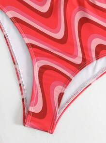 SHEIN Swim 波浪樣式環鏈吊脖連體泳衣 - 彩色 - 查看 3