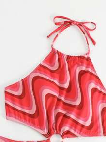 SHEIN Swim 波浪樣式環鏈吊脖連體泳衣 - 彩色 - 查看 4