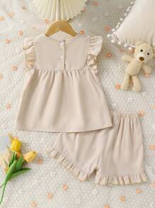 女孩花卉刺繡荷葉邊後鎖孔睡衣套裝 - 卡其色 - 查看 2
