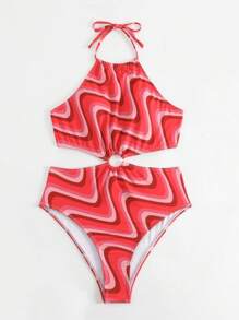 SHEIN Swim 波浪樣式環鏈吊脖連體泳衣 - 彩色 - 查看 5