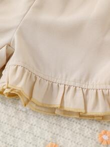 女孩花卉刺繡荷葉邊後鎖孔睡衣套裝 - 卡其色 - 查看 4