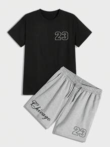 Aesthetic Post--Men Letter Graphic Tee & Drawstring Waist Shorts - Multicolor - View 1