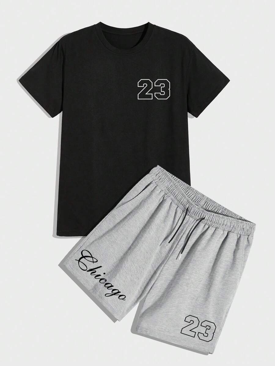 Aesthetic Post--Men Letter Graphic Tee & Drawstring Waist Shorts - Multicolor - View 1