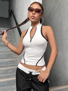 SHEIN X Doris Jocelyn SHEIN ICON Contrast Binding Half Zip Tank Top - White - View 1