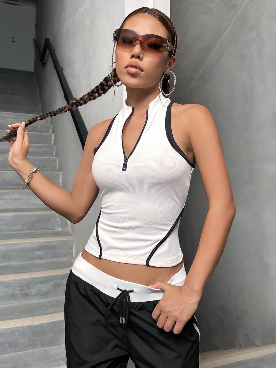 SHEIN X Doris Jocelyn SHEIN ICON Contrast Binding Half Zip Tank Top - White - View 1