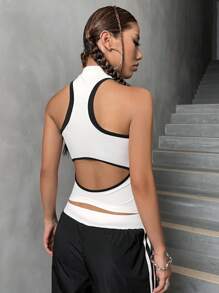 SHEIN X Doris Jocelyn SHEIN ICON Contrast Binding Half Zip Tank Top - White - View 2
