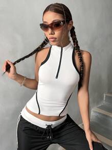SHEIN X Doris Jocelyn SHEIN ICON Contrast Binding Half Zip Tank Top - White - View 6