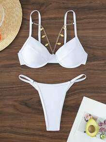 SHEIN Swim Chain Linked Underwire Bikini Set For Summer Beach - White - View 2