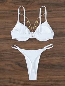 SHEIN Swim Chain Linked Underwire Bikini Set For Summer Beach - White - View 4