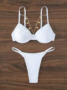 SHEIN Swim Chain Linked Underwire Bikini Set For Summer Beach - White - View 5