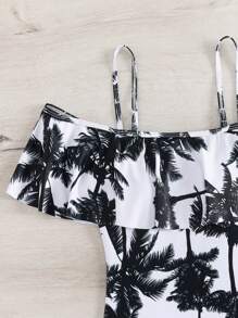 Swim Vcay Summer Beach Palm Tree Print Ruffle Trim Cold Shoulder One Piece Swimsuit - Black and White - View 3