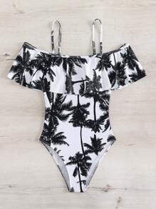 Swim Vcay Summer Beach Palm Tree Print Ruffle Trim Cold Shoulder One Piece Swimsuit - Black and White - View 4