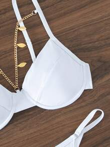SHEIN Swim Chain Linked Underwire Bikini Set For Summer Beach - White - View 7