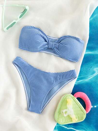 Summer Beach Striped Bandeau Bikini Set