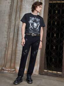 ROMWE MEN Goth 男士棉交叉補丁貼直筒牛仔褲 - 黑色 - 查看 3