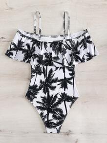 Swim Vcay Summer Beach Palm Tree Print Ruffle Trim Cold Shoulder One Piece Swimsuit - Black and White - View 6